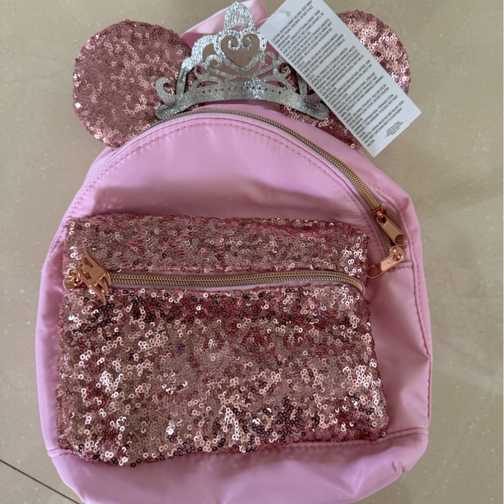 Disney Bibbidi Bobbidi Boo girls pink Sequin Minnie Mini Backpack w Tiara Accent